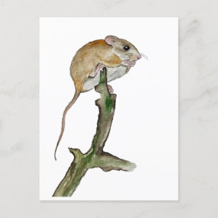 Cartão Postal De Festividades Rato de aquarela realista em uma árvore
