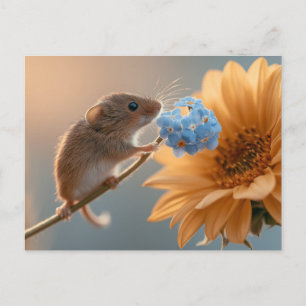 Cartão Postal De Festividades Rato de Colheita Adorável Cheirando o Miosótis Azu