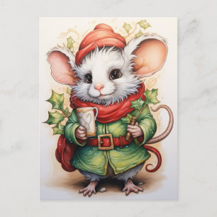 Cartão Postal De Festividades Rato de Natal com azevinho