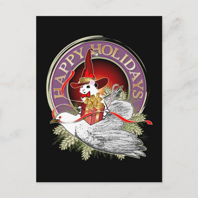 Cartão Postal De Festividades Rato de Natal nas Asas de Uma Vara (Frente)