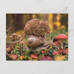 Cartão Postal De Festividades Rato Minúsculo Montado em Caracol na Floresta de O
