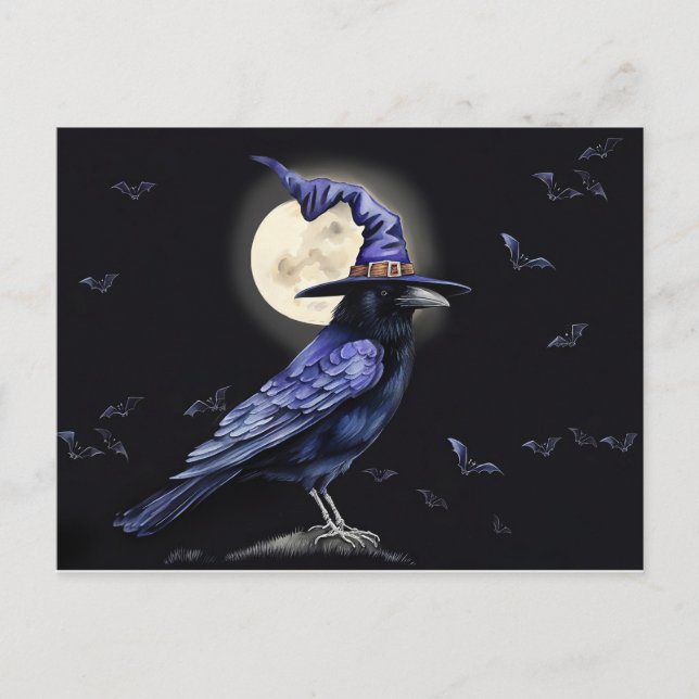 Cartão Postal De Festividades Raven Halloween Folk Art Style (Frente)