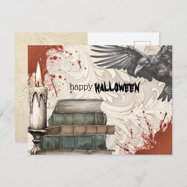Cartão Postal De Festividades Raven | Livros | Vela de Halloween (Frente/Verso)