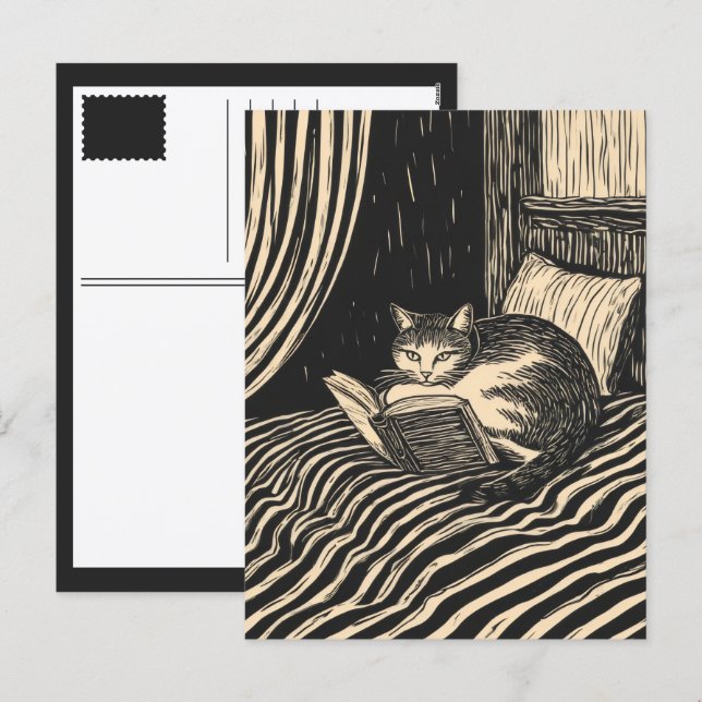 Cartão Postal De Festividades reading cat (Frente/Verso)