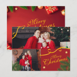 Cartão Postal De Festividades Red and Gold Photo Family Merry Christmas Happy