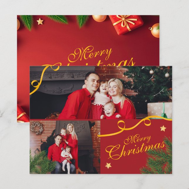 Cartão Postal De Festividades Red and Gold Photo Family Merry Christmas Happy (Frente/Verso)