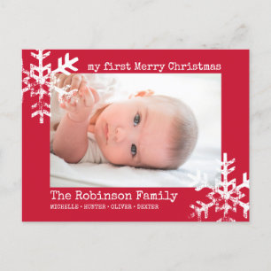 Cartão Postal De Festividades Red Baby Holiday First Christmas Photo Snowflakes