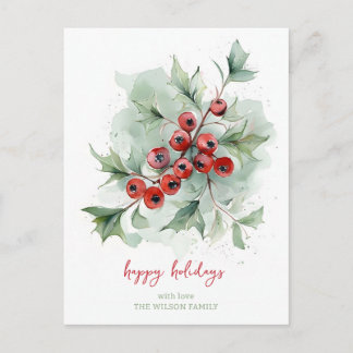 Cartão Postal De Festividades Red Berries Botanical Watercolor Christmas