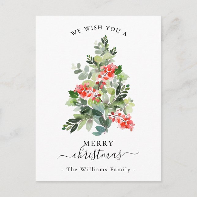 Cartão Postal De Festividades Red Berries e Holly Xmas Tree Feliz Natal (Frente)