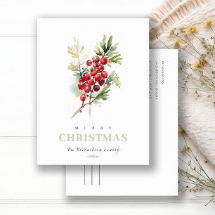 Cartão Postal De Festividades Red Berry Fir Winter Christmas Foliage Watercolor