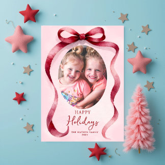 Cartão Postal De Festividades Red Christmas Photo Bow Ribbon