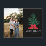 Cartão Postal De Festividades Red Cowboy Boots and Spruce Feliz Natal<br><div class="desc">Red Cowboy Boots and Spruce Feliz Natal</div>