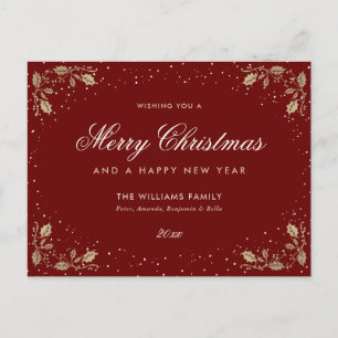 Cartão Postal De Festividades Red Dourado Holly Snow