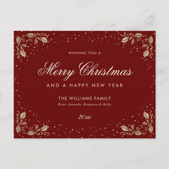 Cartão Postal De Festividades Red Dourado Holly Snow (Frente)