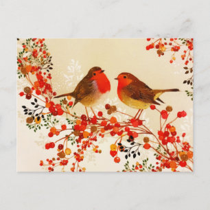 Cartão Postal De Festividades Red Dourado Winter Birds Holly Berry Branches