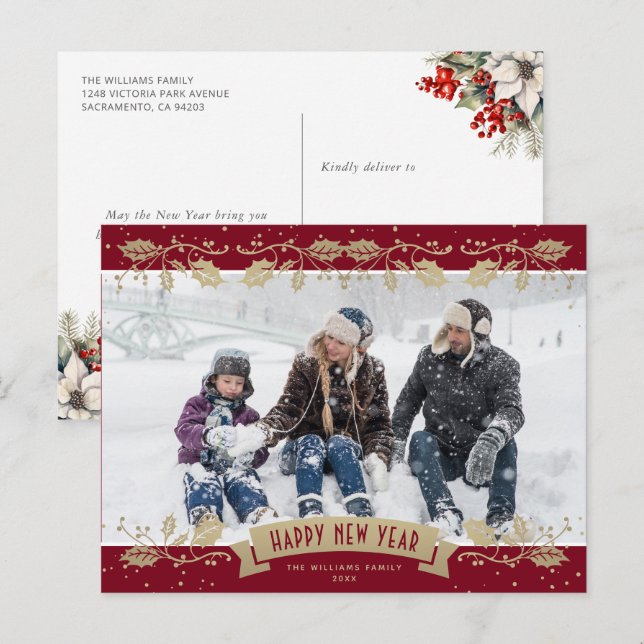 Cartão Postal De Festividades Red Gold Holly Berries Photo Happy New Year (Frente/Verso)