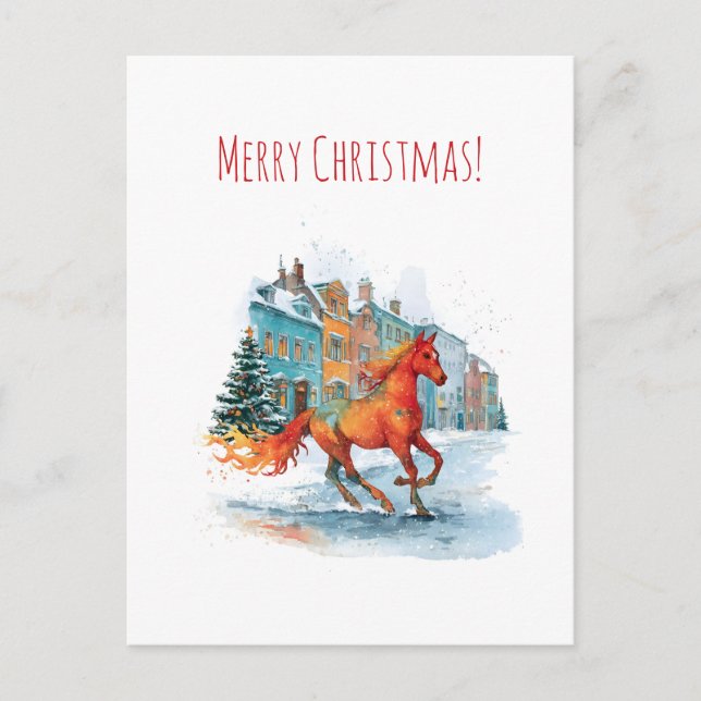 Cartão Postal De Festividades Red horse galloping through a snowy, Christmas (Frente)