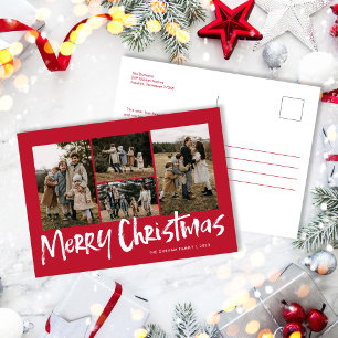 Cartão Postal De Festividades Red Modern Lettering Cinco Fotografias Feliz Natal
