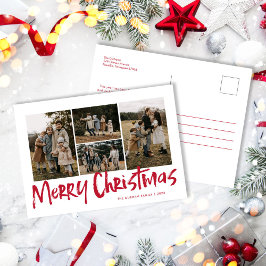 Cartão Postal De Festividades Red Modern Lettering Cinco Fotografias Feliz Natal