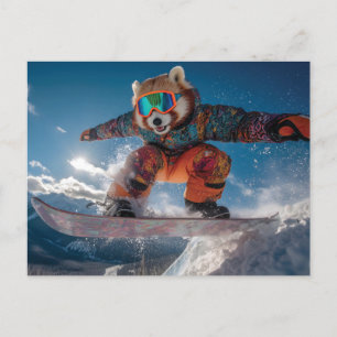 Cartão Postal De Festividades Red Panda Snowboard num Fato de Neve Colorido