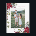 Cartão Postal De Festividades Red Poinsettia Botânica Feliz Natal Hol<br><div class="desc">Feliz Feriados! Envie seus desejos de feriado e saudações para a família e amigos com este cartão-postal de fotos de feriado floral personalizável. Apresenta uma estrutura de aquarela de pinecones,  agulhas de pinheiros,  colas,  bagas e poinsetos vermelhos. Personalize adicionando nomes,  mensagens e fotos. Itens correspondentes estão disponíveis.</div>