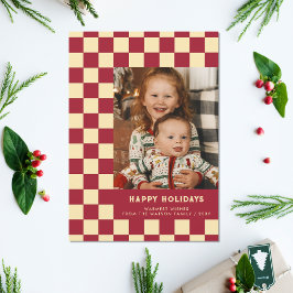 Cartão Postal De Festividades Red Retro Groovy Checkered Happy Holidays Foto