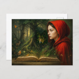 Cartão Postal De Festividades Red Riding Hood encontra lobo na floresta