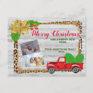 Cartão Postal De Festividades Red Truck Natal Foto personalizada da família