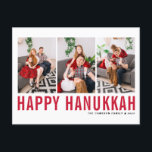 Cartão Postal De Festividades Red Typografia Photo Collage Happy Hanukkah<br><div class="desc">Feliz Hanukkah! Cartaz de colagem fotográfica feliz e personalizável do Hanukkah,  com tipografia simples vermelha e padrão de neve. Personalize adicionando três fotos,  nomes,  ano e outros detalhes. Este cartão-postal moderno de Chanucá está disponível em outras cores e estoque de papelão.</div>