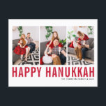 Cartão Postal De Festividades Red Typografia Photo Collage Happy Hanukkah<br><div class="desc">Feliz Hanukkah! Cartaz de colagem fotográfica feliz e personalizável do Hanukkah,  com tipografia simples vermelha e padrão de neve. Personalize adicionando três fotos,  nomes,  ano e outros detalhes. Este cartão-postal moderno de Chanucá está disponível em outras cores e estoque de papelão.</div>