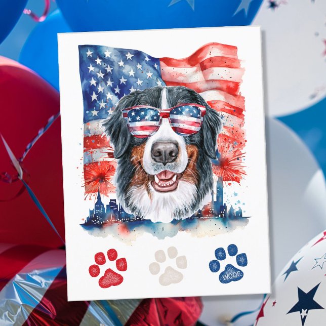 Cartão Postal De Festividades Red White Blue Bernese Mountain Dog 4 de julho (Criador carregado)
