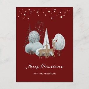 Cartão Postal De Festividades Red Winter Scense Stars Forest Deer Christmas