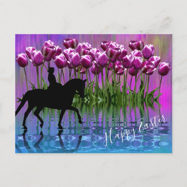 Cartão Postal De Festividades Reflexões ~ Tulipas Púrpuras, Páscoa De Cavalo De  (Frente)