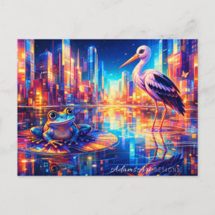 Cartão Postal De Festividades Reflexos da Cidade Neon: Paisagem dos Sonhos de Rã