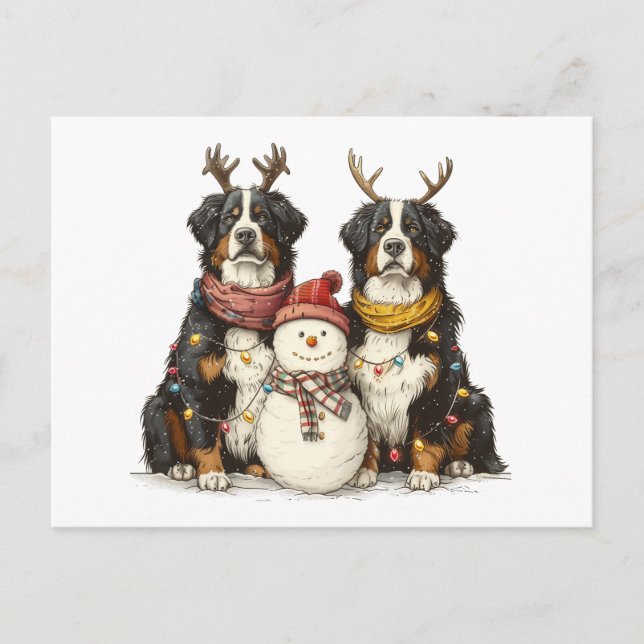 Cartão Postal De Festividades Reindeer Bernese Cães de Montanha (Frente)