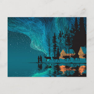 Cartão Postal De Festividades Reindeer, cabana, Luzes de Norte por um lago de in