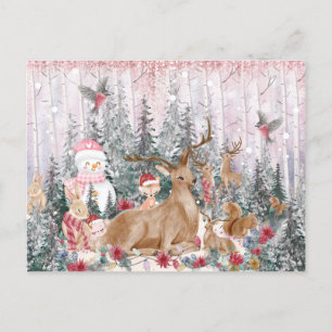 Cartão Postal De Festividades Reindeer de Aquarela Rosa, Snowman Feliz Natal