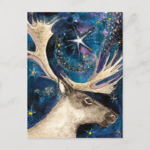 Cartão Postal De Festividades Reindeer de Natal à noite com uma estrela brilhan