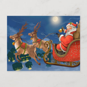 Cartão Postal De Festividades Reindeer Pulling Santa Claus Sleigh Natal