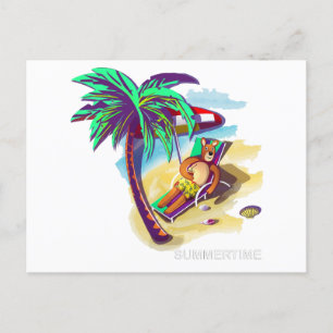 Cartão Postal De Festividades Relaxando o Urso de Verão em Praia Tropical