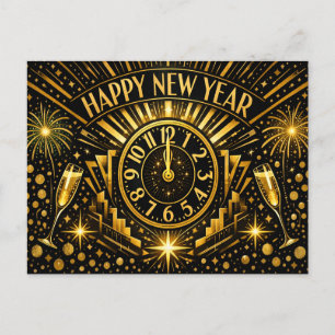 Cartão Postal De Festividades Relógio de celebração da meia-noite em ouro Art Dé
