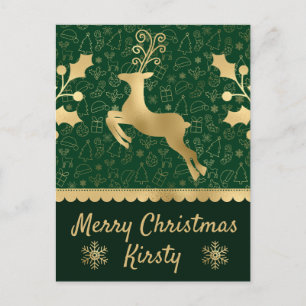 Cartão Postal De Festividades Rena de Natal em Verde e Dourado com Folha de Azev