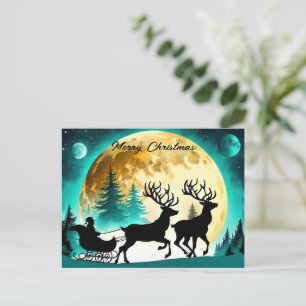 Cartão Postal De Festividades Rena e Lua de cheio de Sleigh