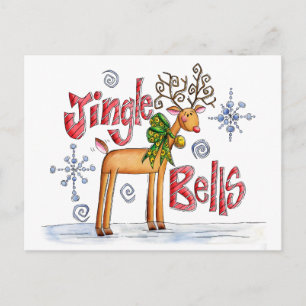 Cartão Postal De Festividades Renas de Natal fofas, flocos de neve de Jingle Bel