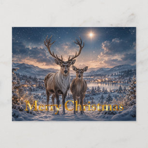 Cartão Postal De Festividades Renas no cenário nevado Feliz Natal