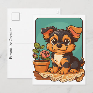 Cartão Postal De Festividades Retrato de desenho animado de cachorro Yorkshire T
