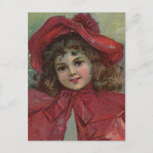 Cartão Postal De Festividades Retrato de Menina com Chapéu Vermelho de Natal Vit