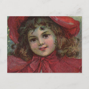 Cartão Postal De Festividades Retrato de Menina com Chapéu Vermelho de Natal Vit
