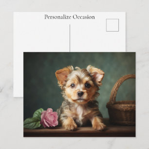 Cartão Postal De Festividades Retrato de Rosa de Cachorrinho Fofo Vintage Yorksh