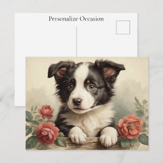 Cartão Postal De Festividades Retrato de Rosa de Cachorro Border Collie Vintage